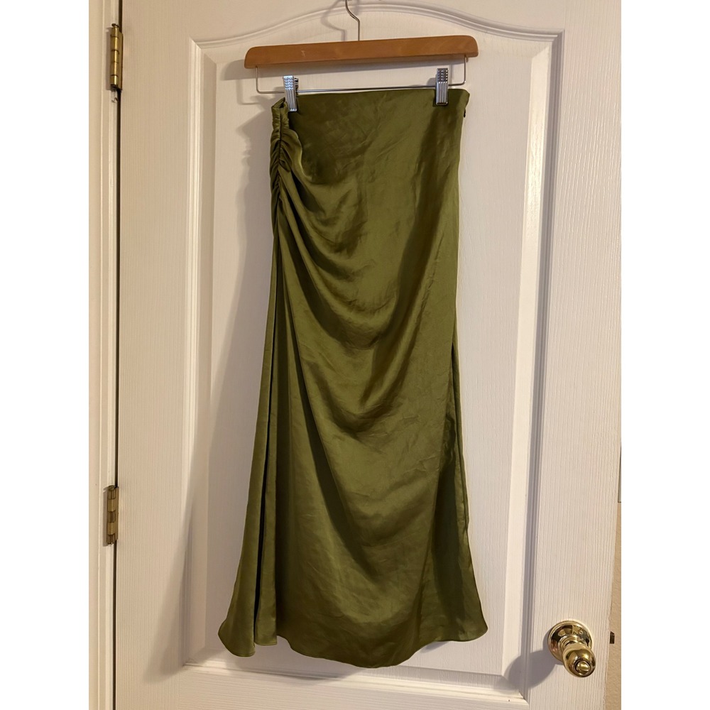 Theory Midi Skirt Women 00 Olive Green Draped Ruched Satin Luxe Quiet Luxury